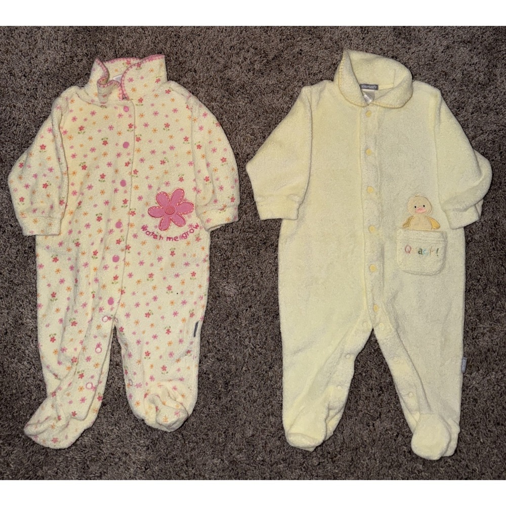 2 VTG Carter's Yellow Pink Flower Terry Cloth Sleeper's Quack/Watch Me Grow 3-6M